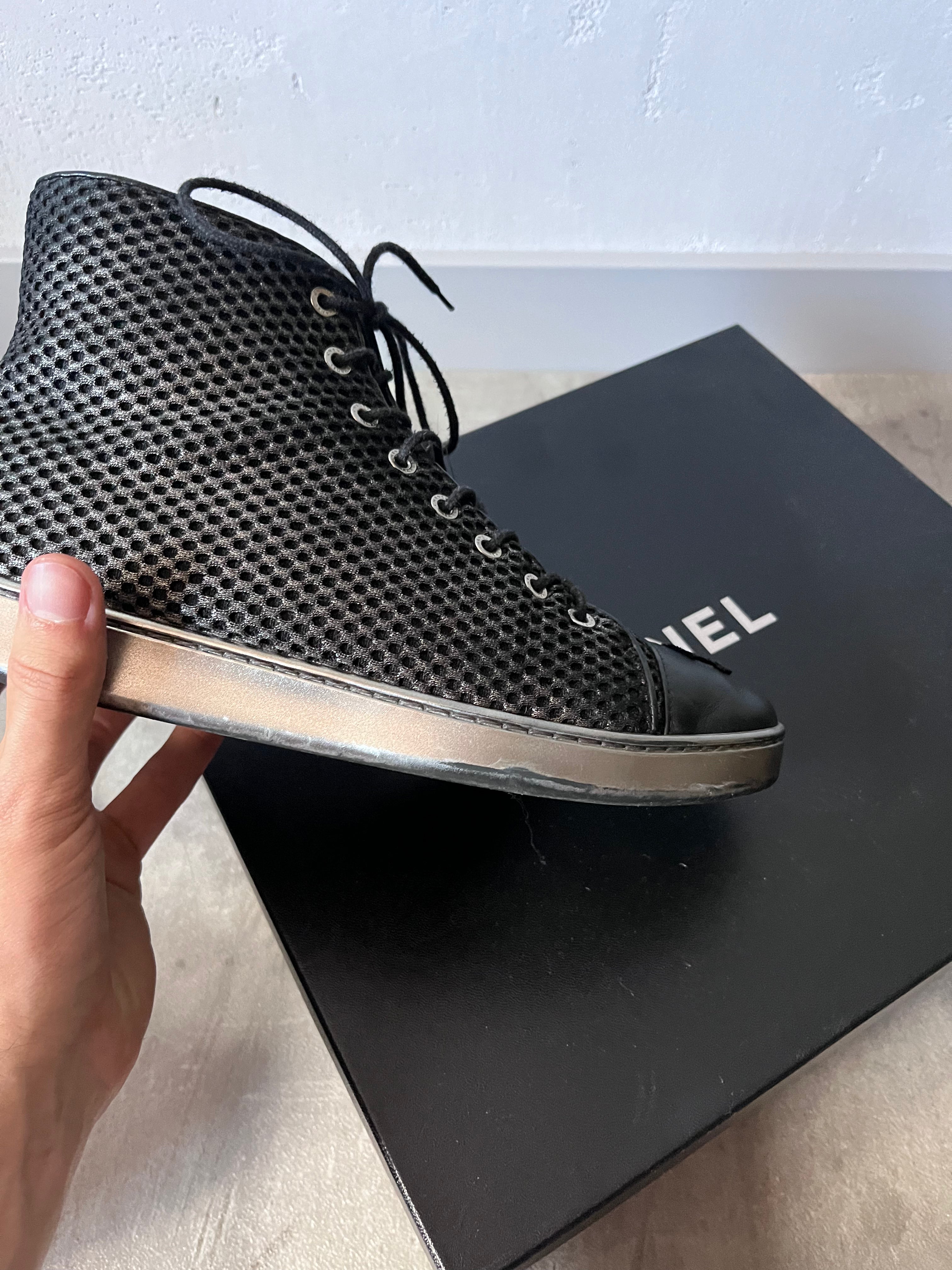2016 Chanel Mesh Leather High Top Shoes Black Women - 39