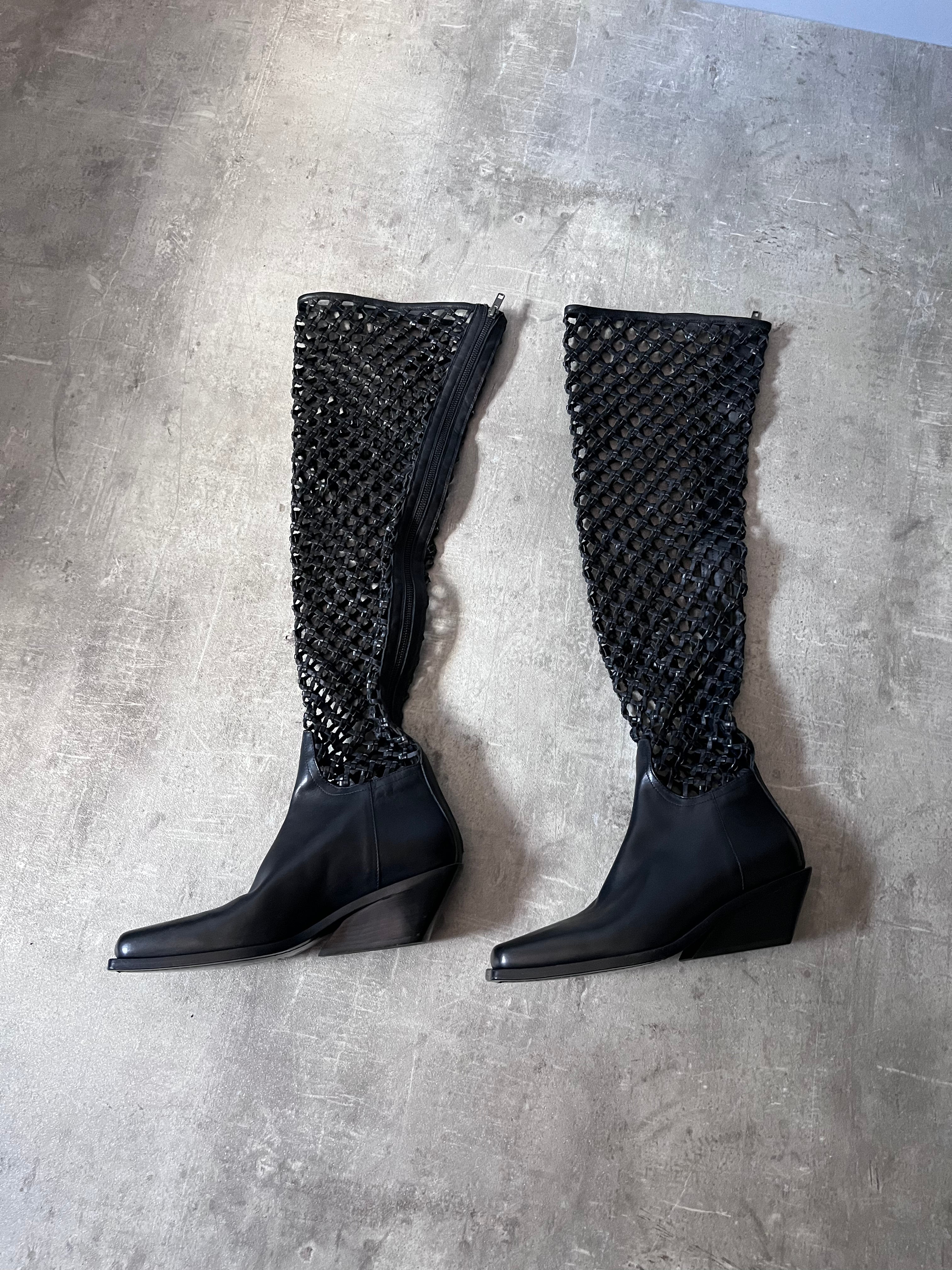 F/W 2019 Ann Demeulemeester Leather Net Heel Knee Boots Black Women - 40