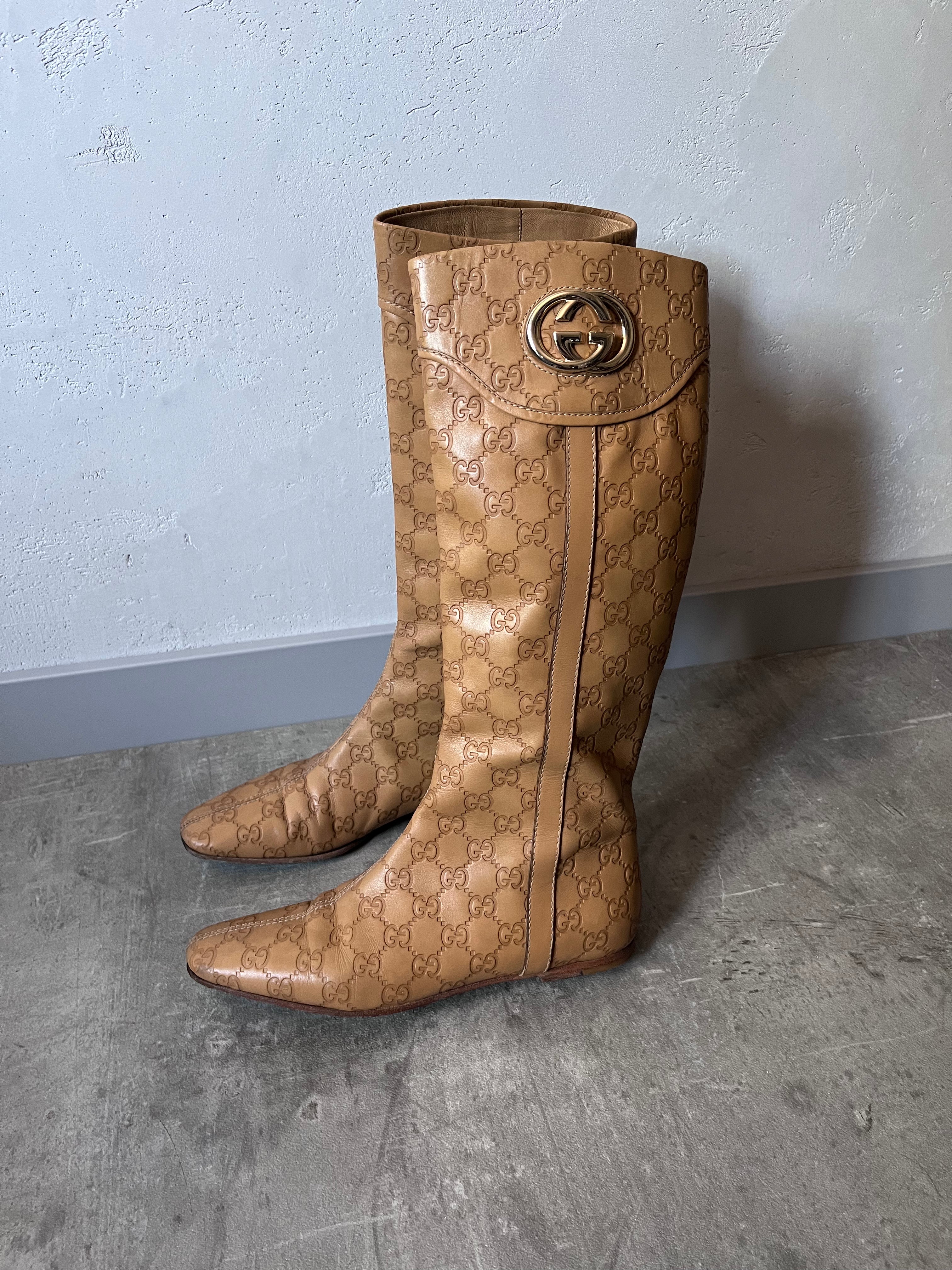 2000s Gucci GG Monogram Big Logo Leather Boots Beige Women - 38