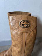 2000s Gucci GG Monogram Big Logo Leather Boots Beige Women - 38