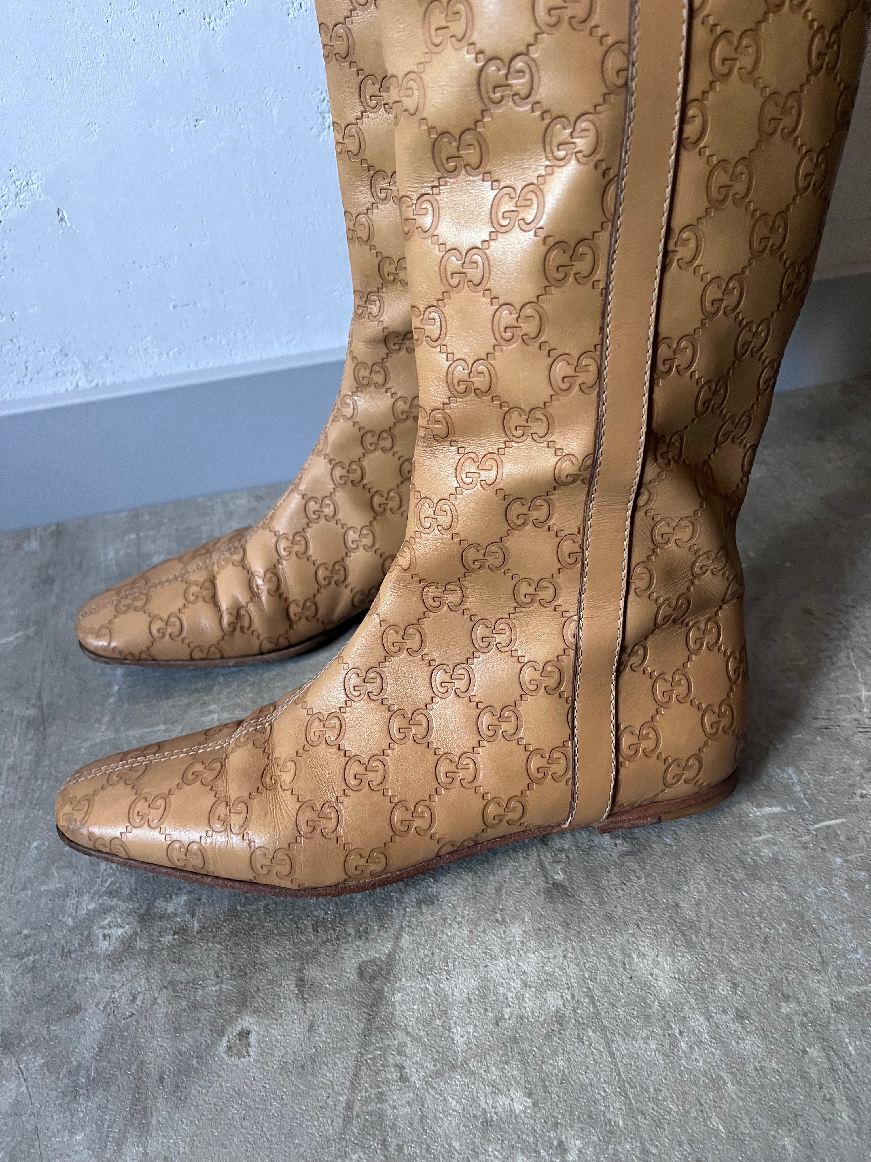 2000s Gucci GG Monogram Big Logo Leather Boots Beige Women - 38