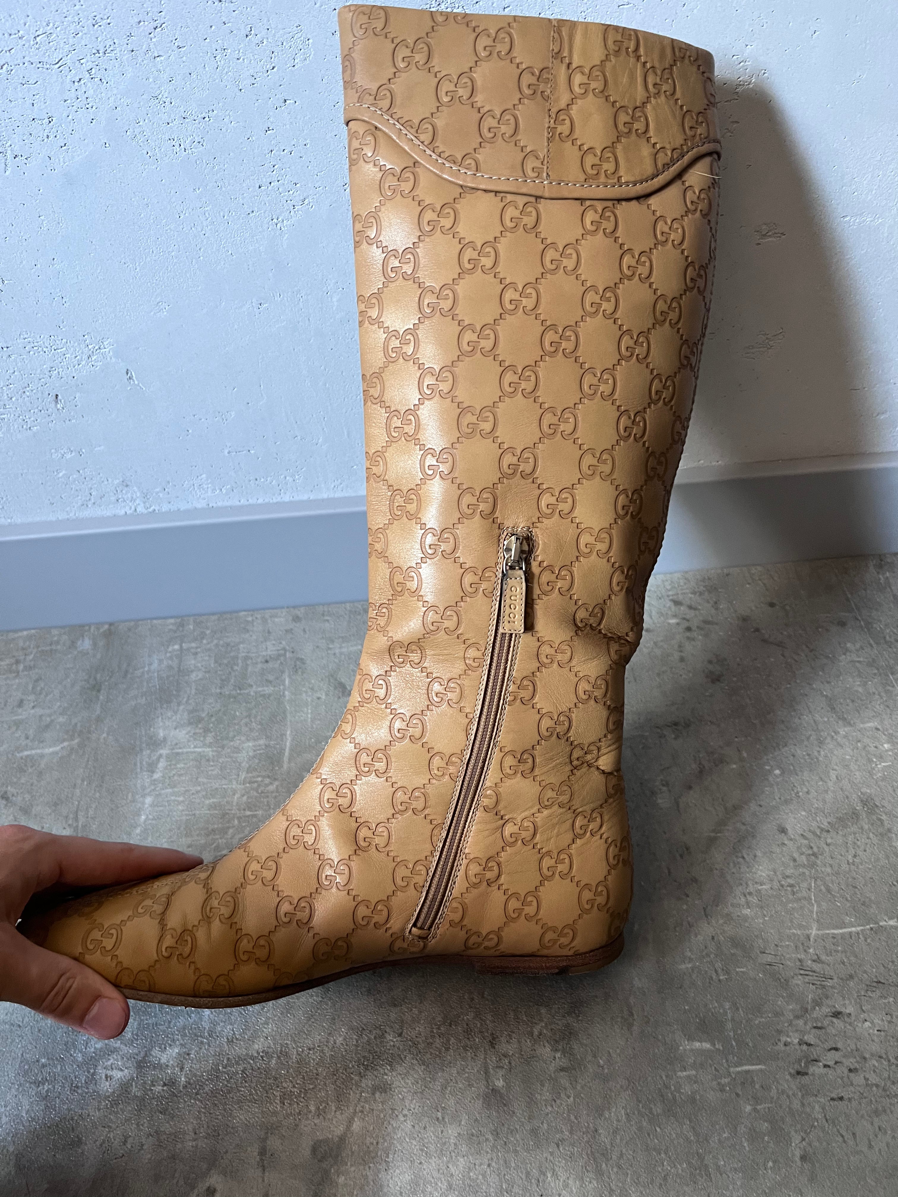 2000s Gucci GG Monogram Big Logo Leather Boots Beige Women - 38
