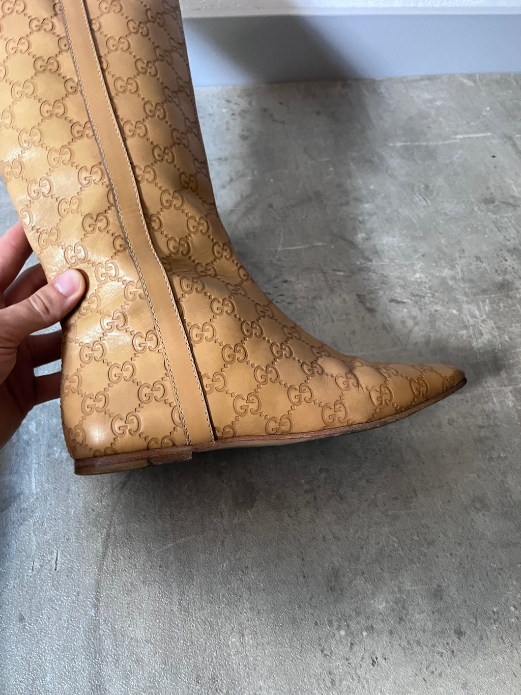 2000s Gucci GG Monogram Big Logo Leather Boots Beige Women - 38