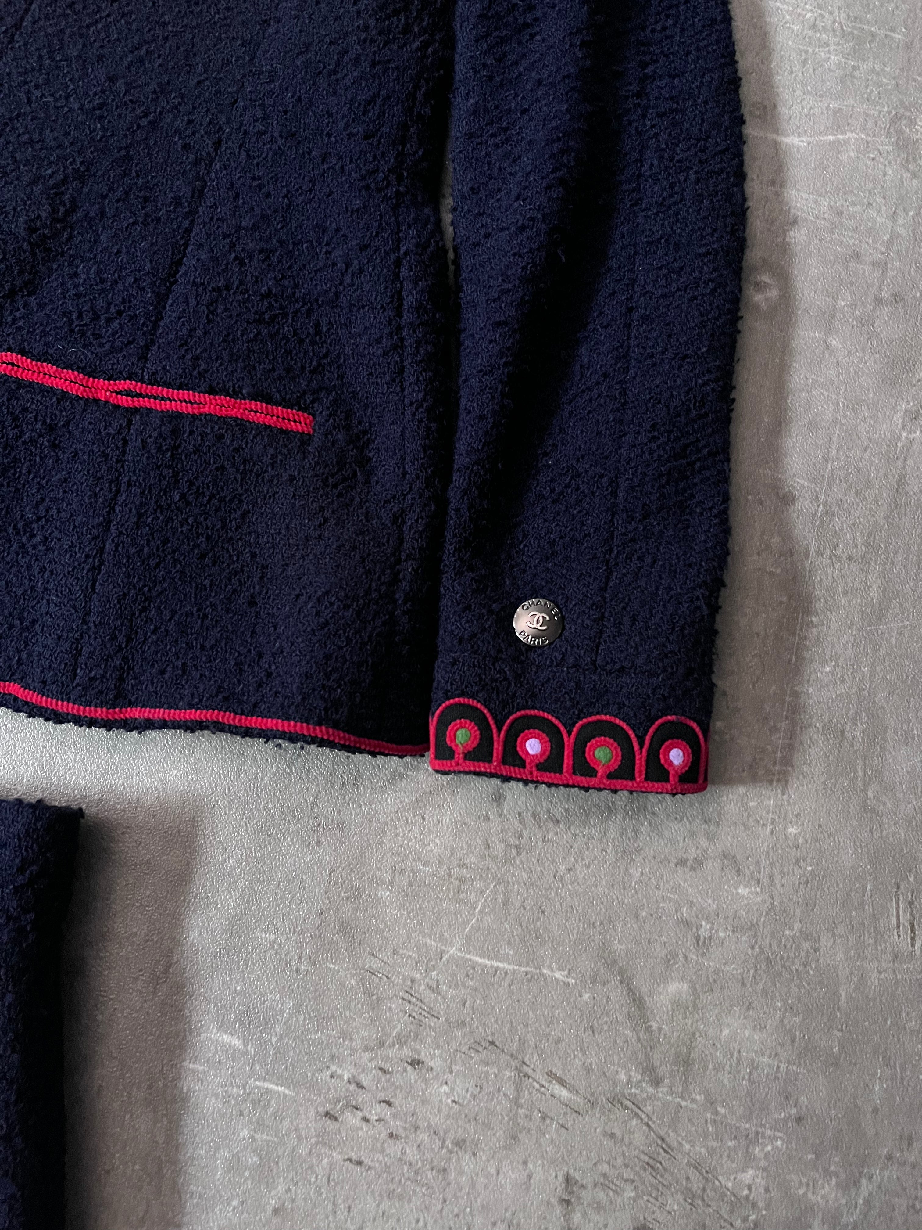 F/W 1997 Chanel Suit Set Worn by Karen Elson Full Runway Look Wool Silk Navy Red Women - M