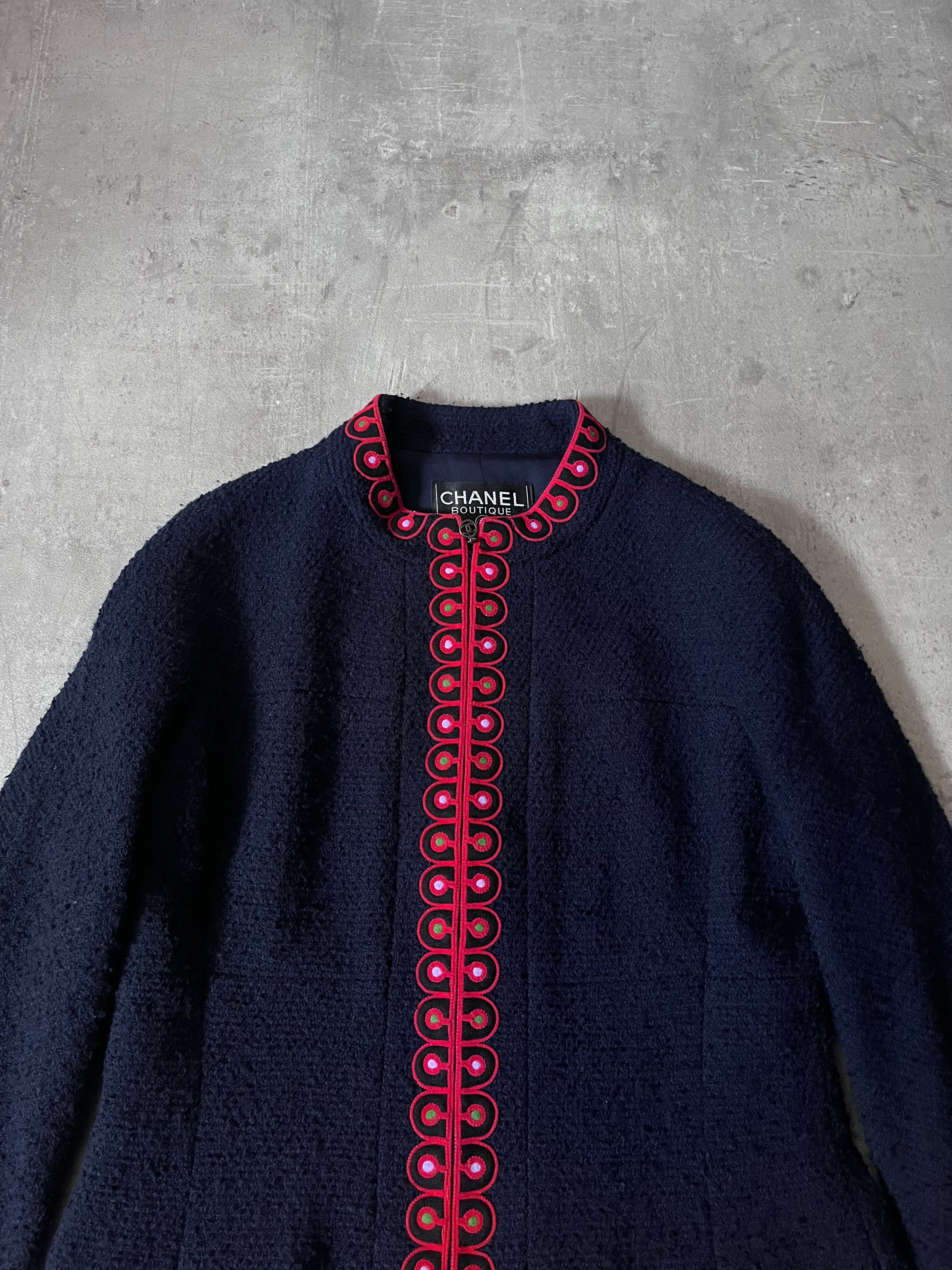 F/W 1997 Chanel Suit Set Worn by Karen Elson Full Runway Look Wool Silk Navy Red Women - M
