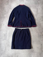 F/W 1997 Chanel Suit Set Worn by Karen Elson Full Runway Look Wool Silk Navy Red Women - M