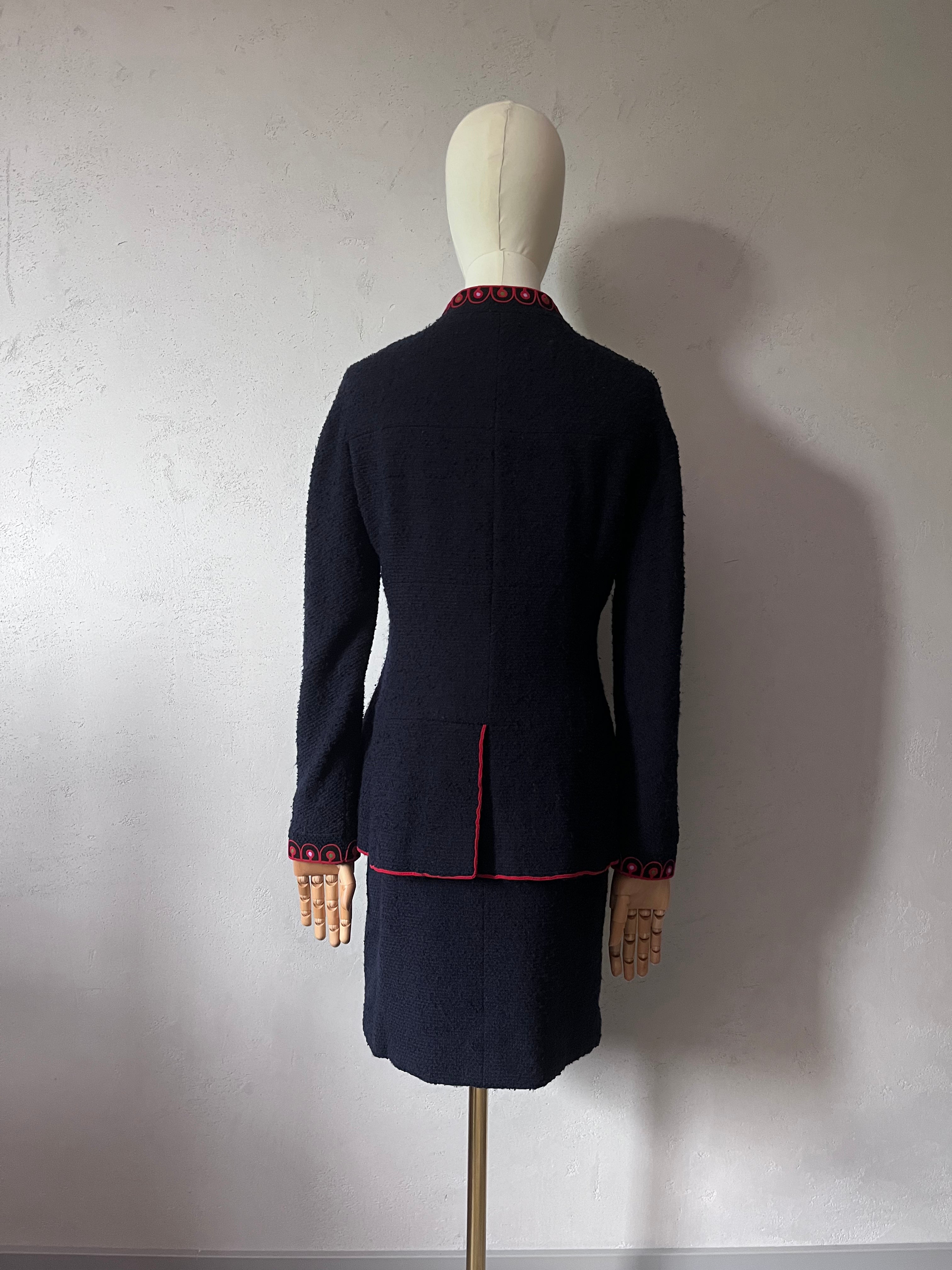 F/W 1997 Chanel Suit Set Worn by Karen Elson Full Runway Look Wool Silk Navy Red Women - M