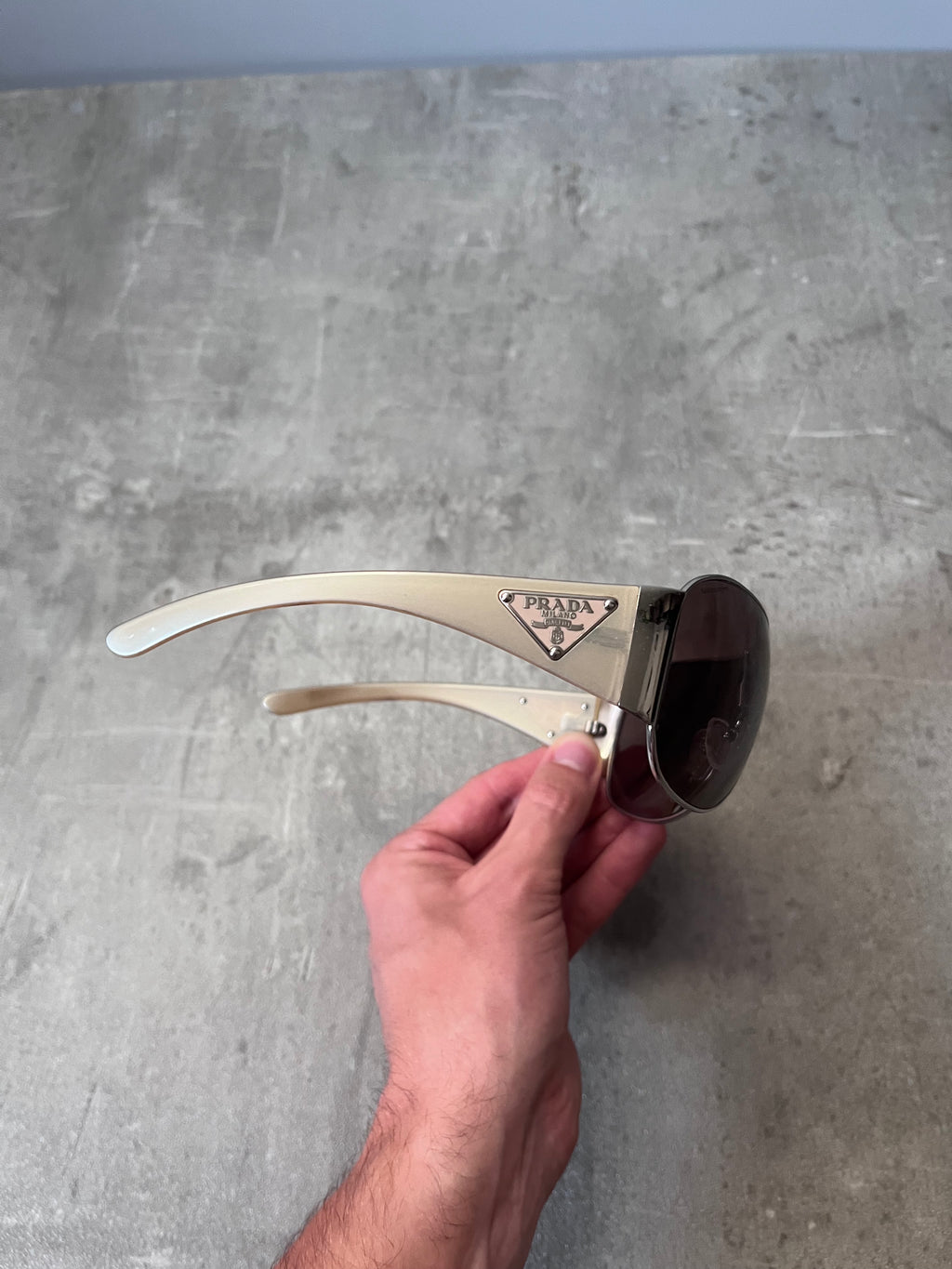 2010 Prada SPR57L Triangle Logo Shield Sunglasses Silver Light Gold Unisex