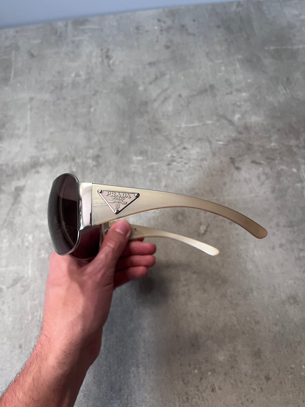 2010 Prada SPR57L Triangle Logo Shield Sunglasses Silver Light Gold Unisex