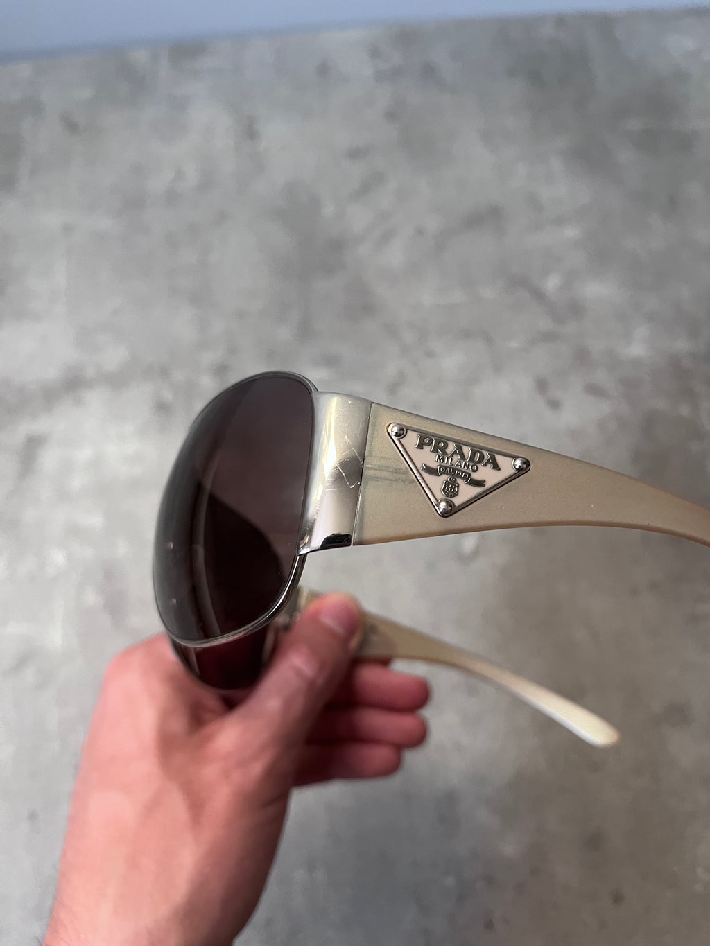 2010 Prada SPR57L Triangle Logo Shield Sunglasses Silver Light Gold Unisex