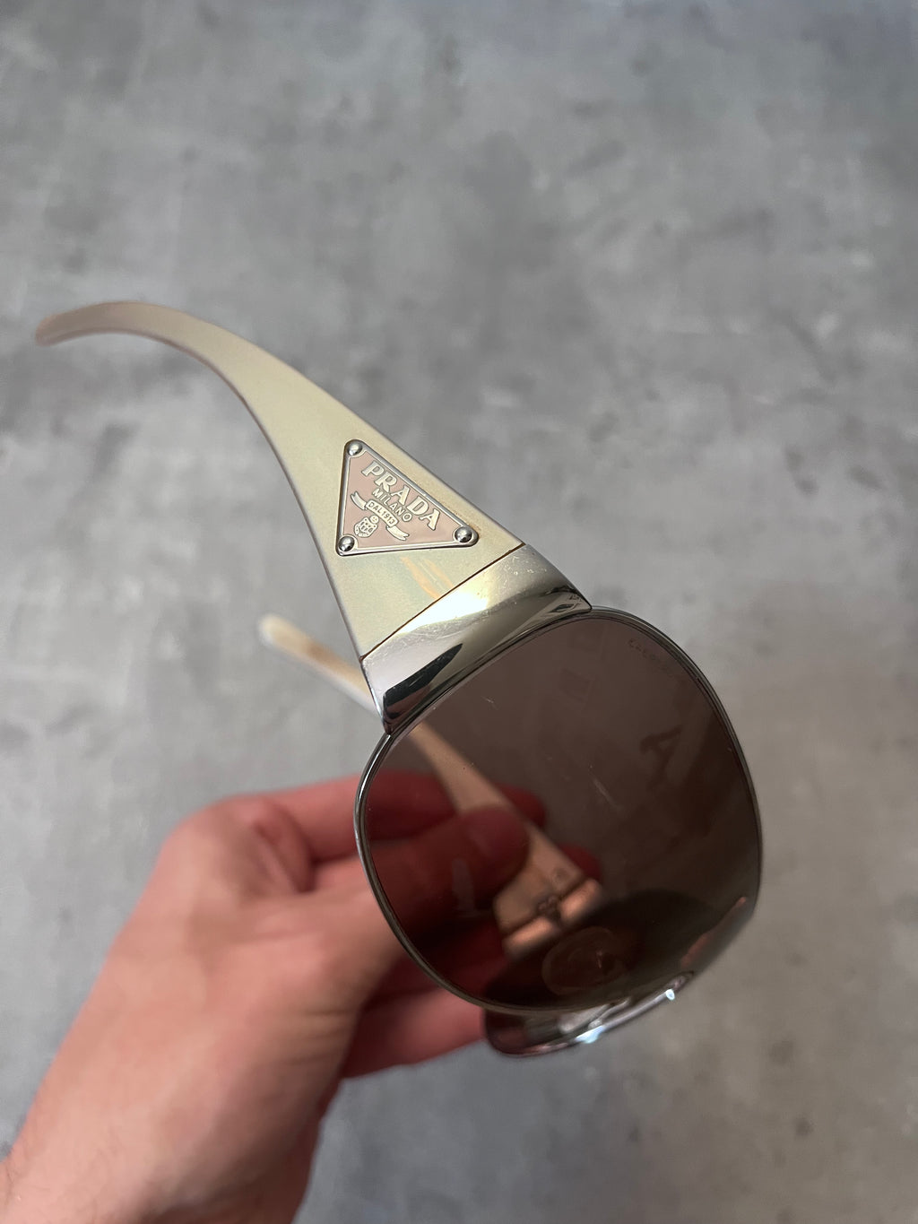 2010 Prada SPR57L Triangle Logo Shield Sunglasses Silver Light Gold Unisex
