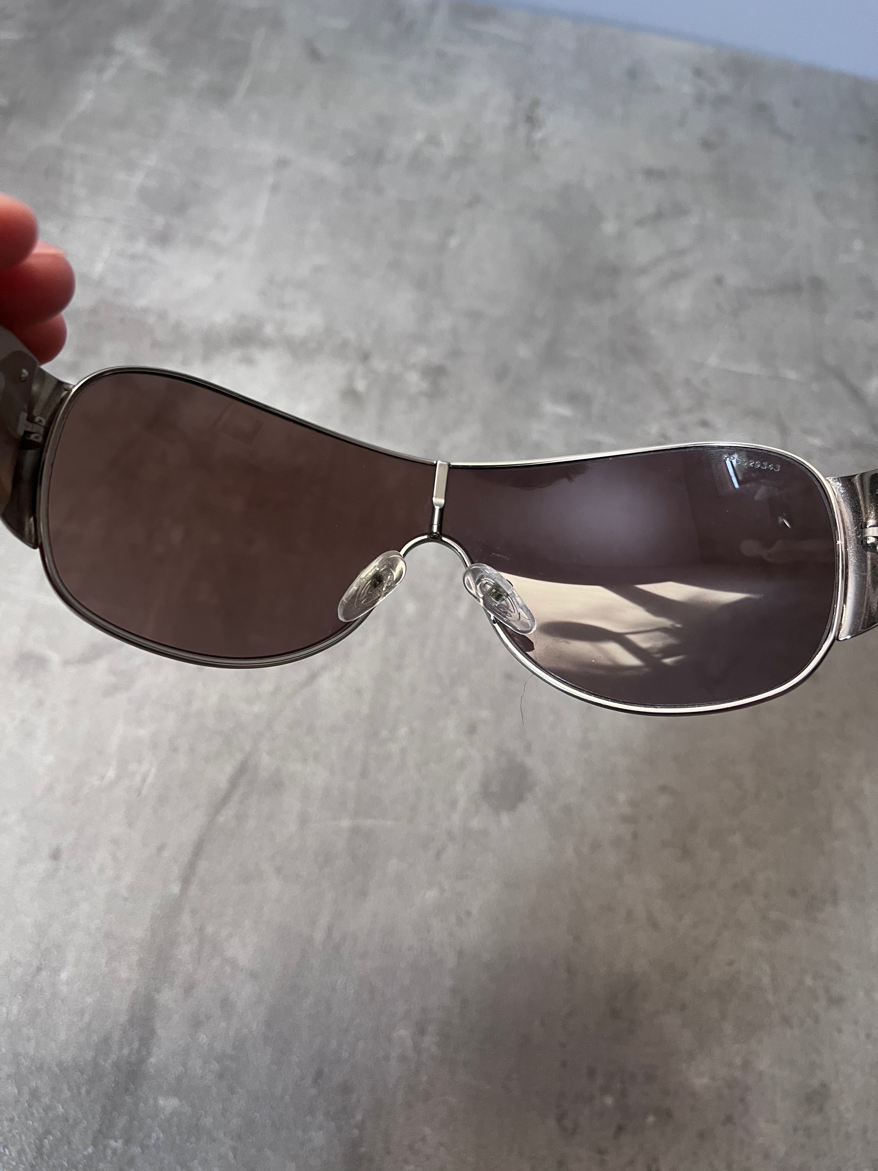 2010 Prada SPR57L Triangle Logo Shield Sunglasses Silver Light Gold Unisex
