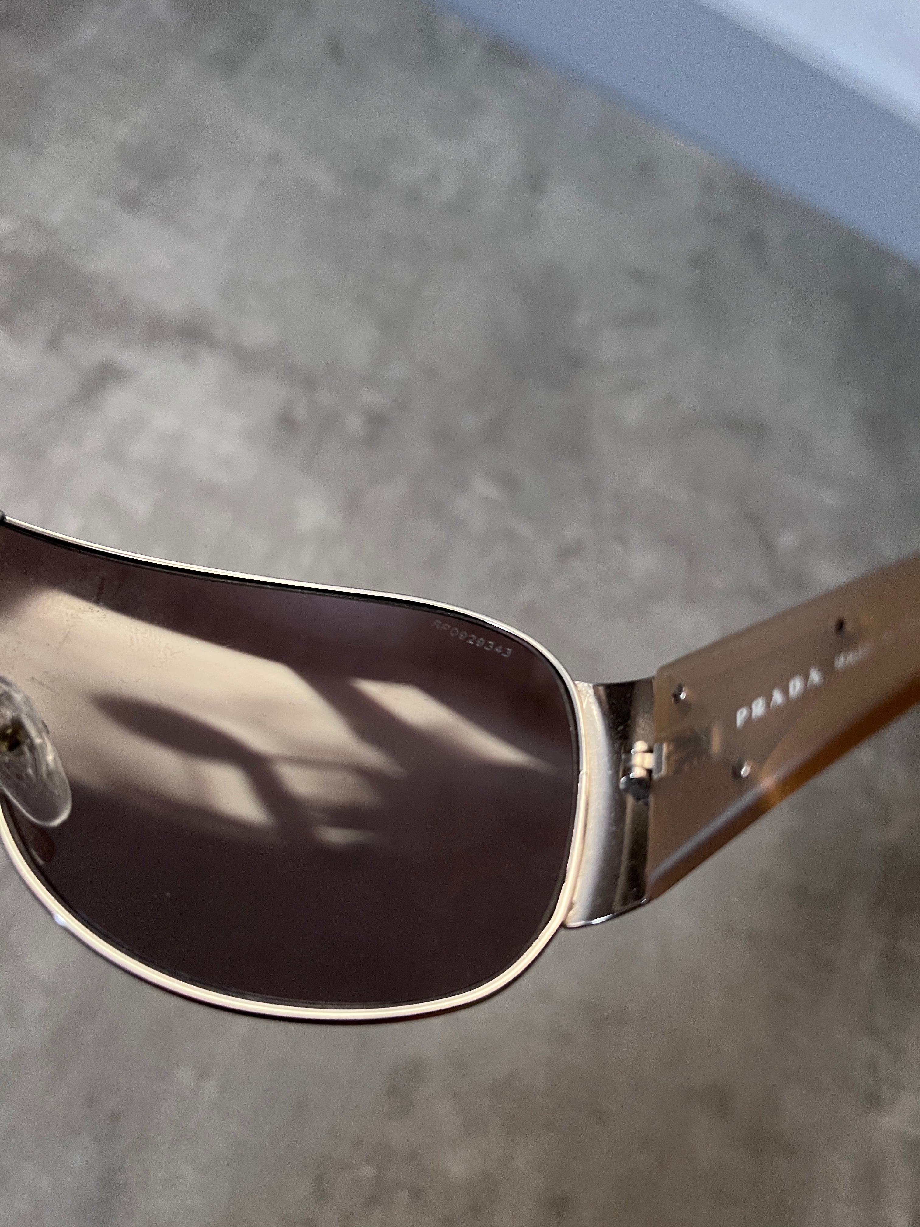 2010 Prada SPR57L Triangle Logo Shield Sunglasses Silver Light Gold Unisex