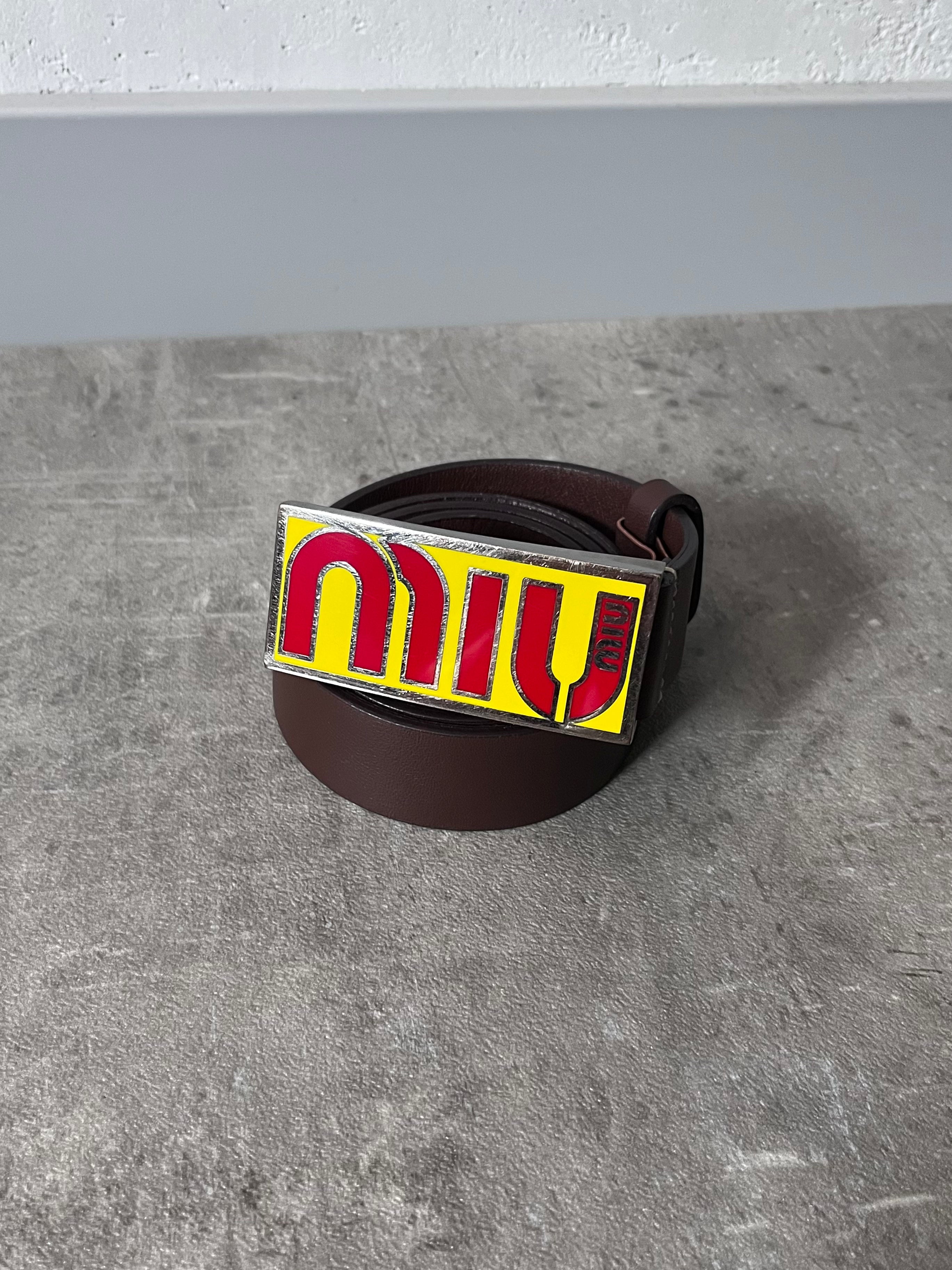 Miu Miu Vintage Big Logo Leather Belt Brown Yellow Women - 80