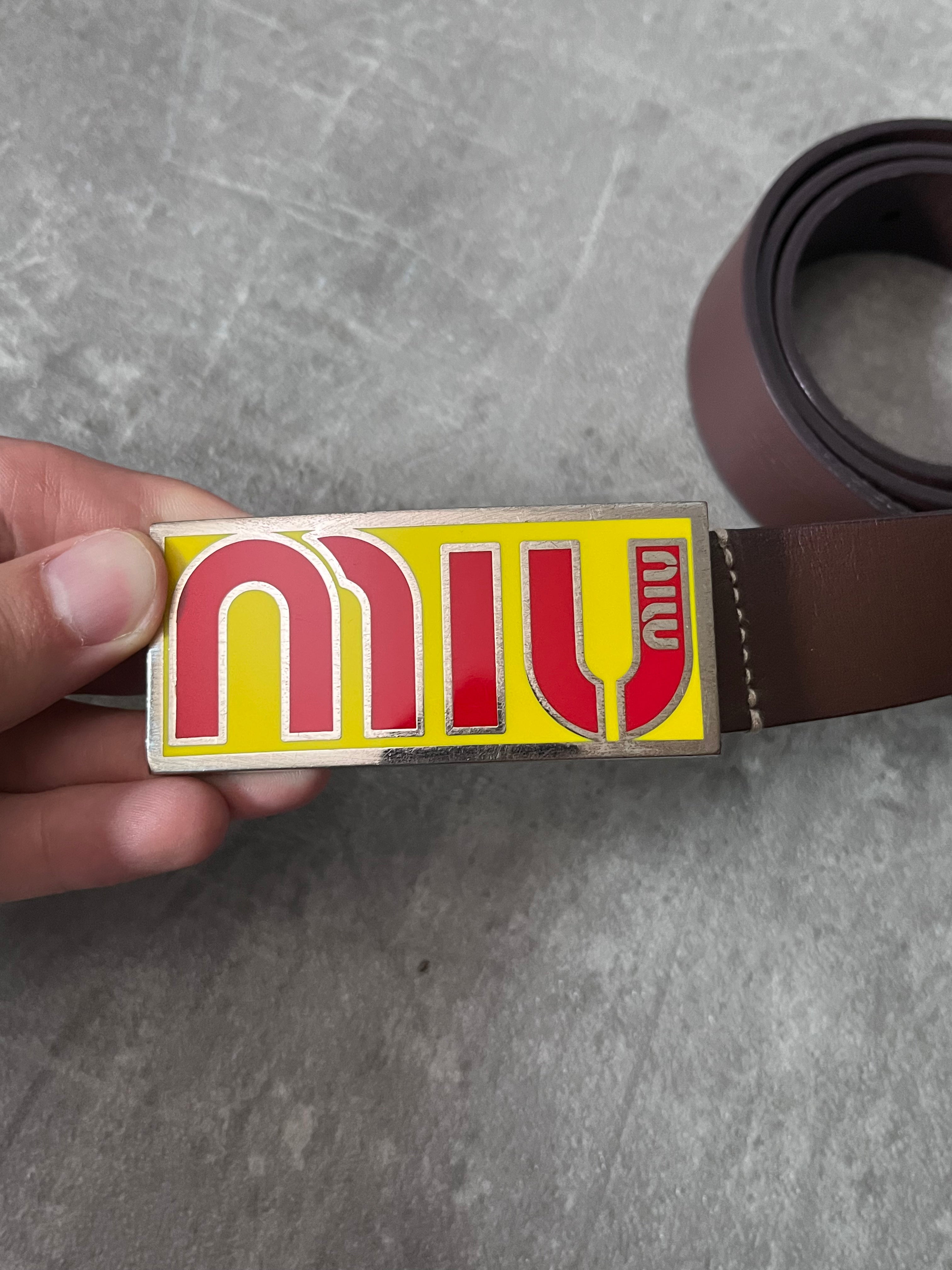 Miu Miu Vintage Big Logo Leather Belt Brown Yellow Women - 80