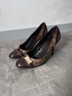F/W 2004 Gucci by Tom Ford Monogram Leather Bow Heels Brown Beige Women - 38
