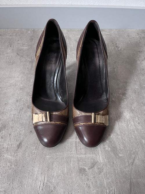 F/W 2004 Gucci by Tom Ford Monogram Leather Bow Heels Brown Beige Women - 38