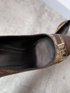 F/W 2004 Gucci by Tom Ford Monogram Leather Bow Heels Brown Beige Women - 38
