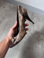 F/W 2004 Gucci by Tom Ford Monogram Leather Bow Heels Brown Beige Women - 38