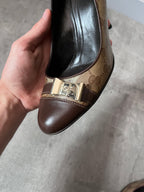 F/W 2004 Gucci by Tom Ford Monogram Leather Bow Heels Brown Beige Women - 38