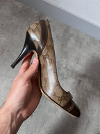 F/W 2004 Gucci by Tom Ford Monogram Leather Bow Heels Brown Beige Women - 38