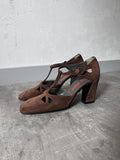 F/W 2001 Miu Miu Suede Cutout T-Strap Pumps Heels Brown Women - 36