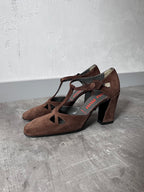 F/W 2001 Miu Miu Suede Cutout T-Strap Pumps Heels Brown Women - 36