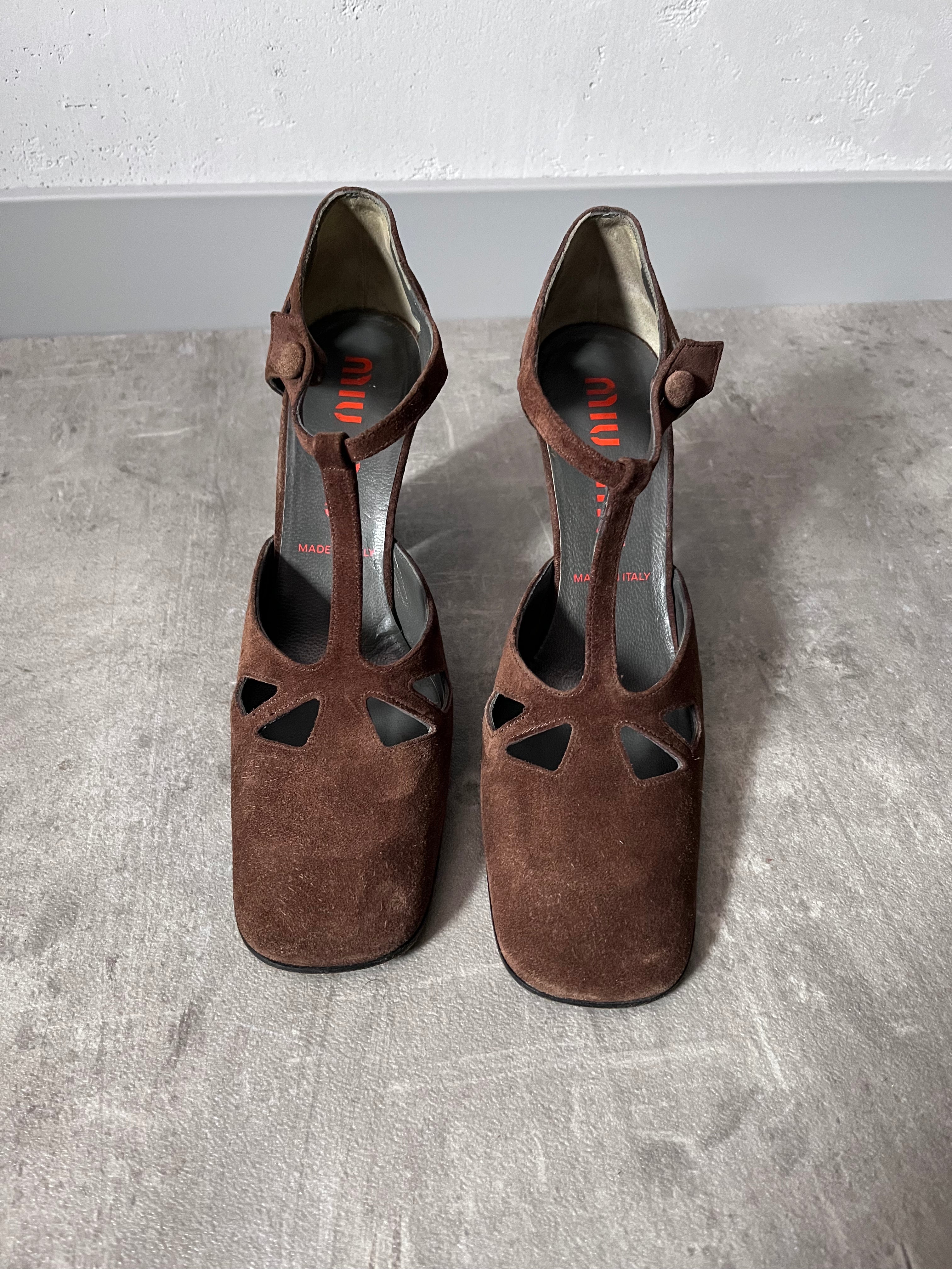 F/W 2001 Miu Miu Suede Cutout T-Strap Pumps Heels Brown Women - 36