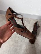 F/W 2001 Miu Miu Suede Cutout T-Strap Pumps Heels Brown Women - 36