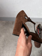 F/W 2001 Miu Miu Suede Cutout T-Strap Pumps Heels Brown Women - 36