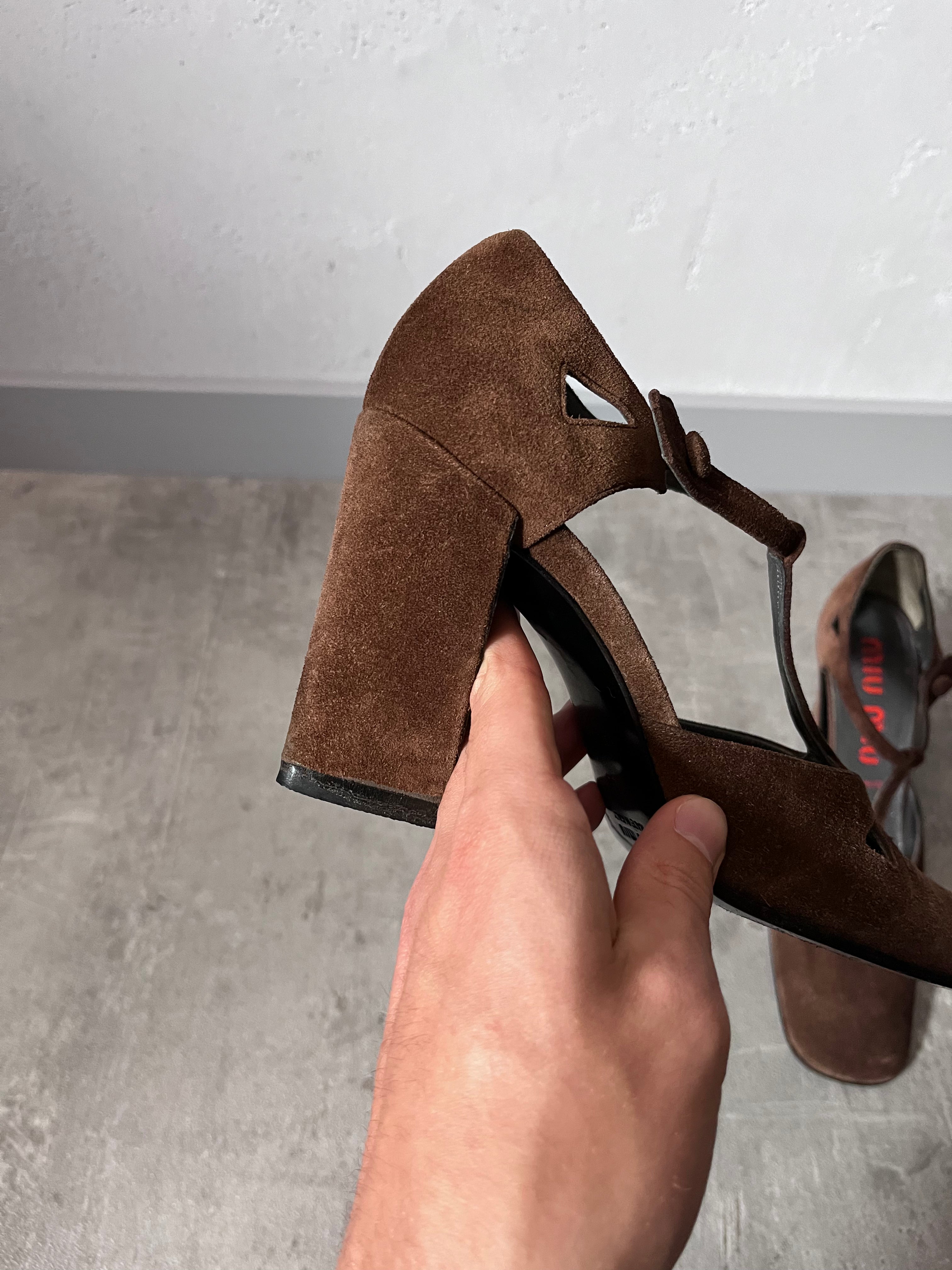 F/W 2001 Miu Miu Suede Cutout T-Strap Pumps Heels Brown Women - 36