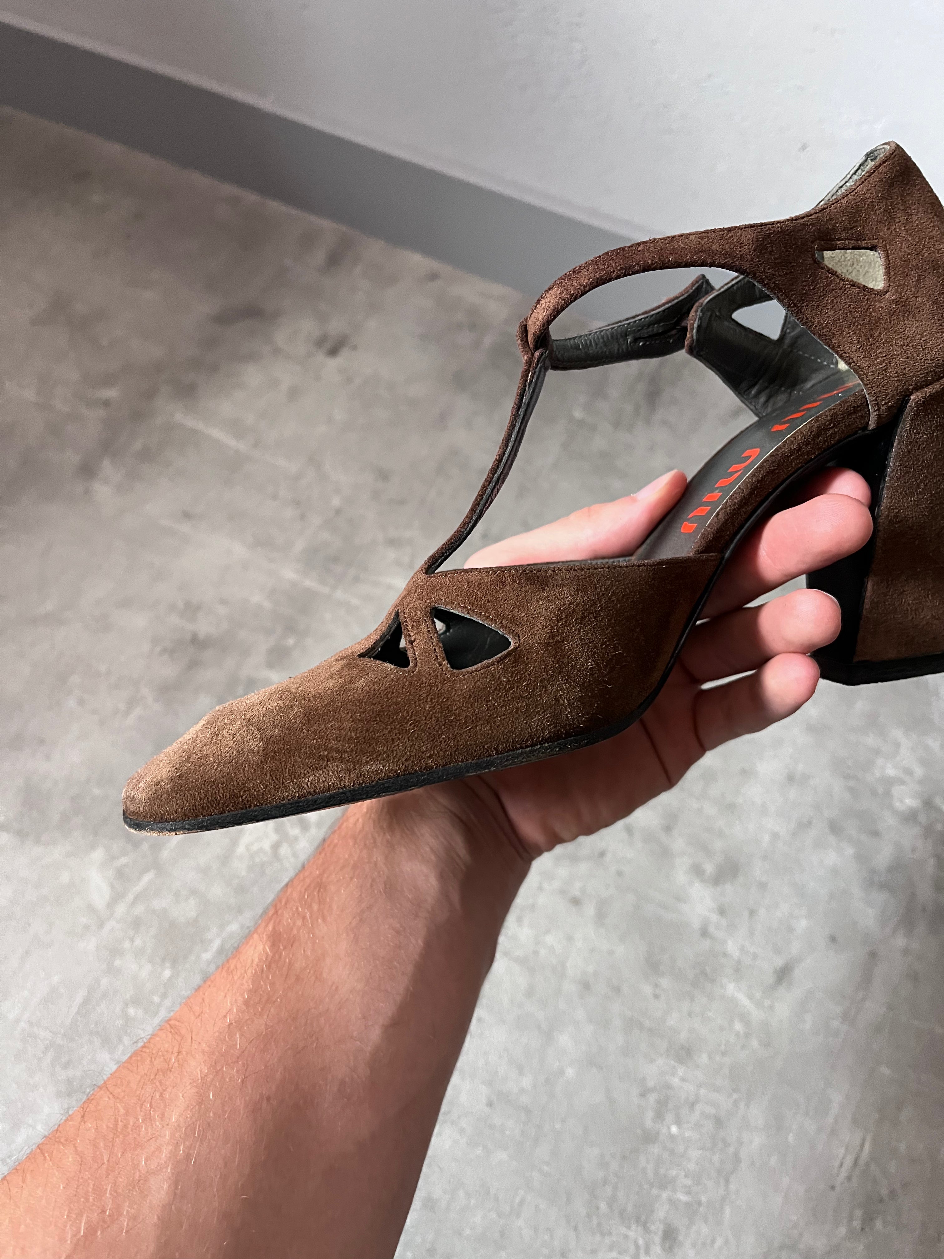 F/W 2001 Miu Miu Suede Cutout T-Strap Pumps Heels Brown Women - 36