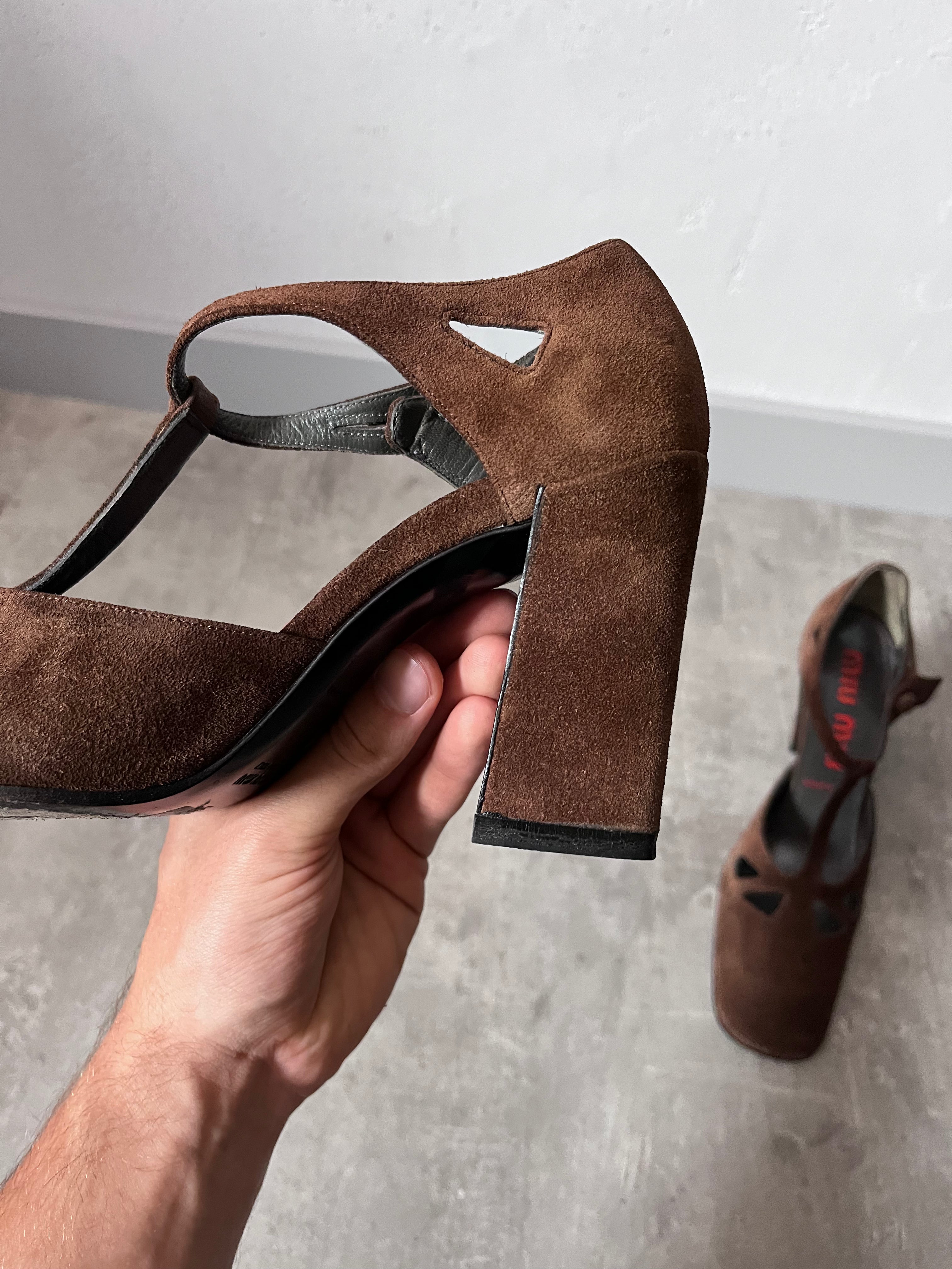 F/W 2001 Miu Miu Suede Cutout T-Strap Pumps Heels Brown Women - 36