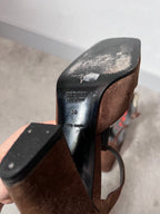 F/W 2001 Miu Miu Suede Cutout T-Strap Pumps Heels Brown Women - 36