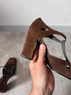 F/W 2001 Miu Miu Suede Cutout T-Strap Pumps Heels Brown Women - 36