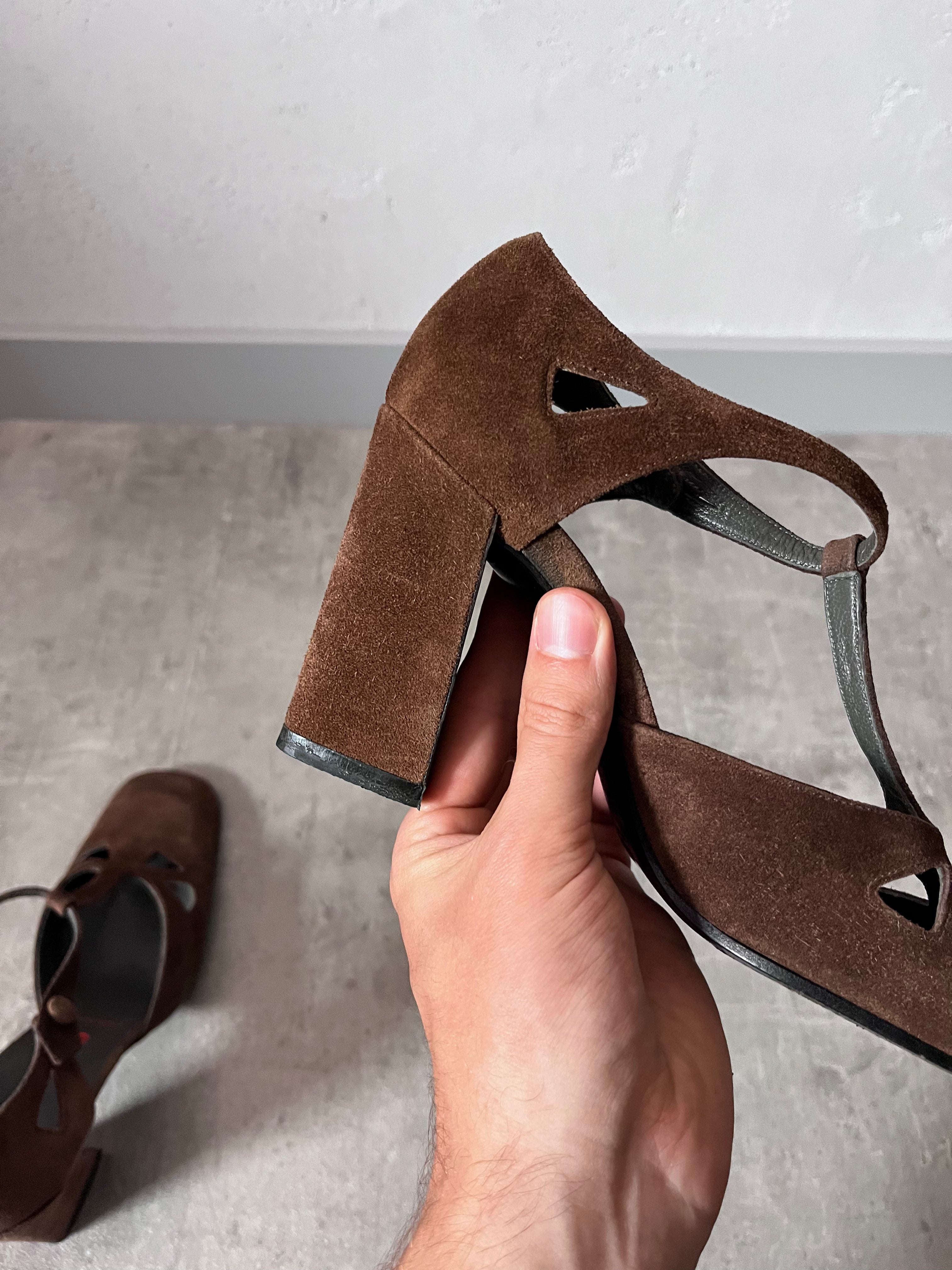 F/W 2001 Miu Miu Suede Cutout T-Strap Pumps Heels Brown Women - 36