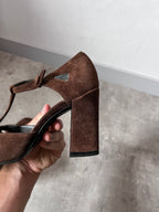 F/W 2001 Miu Miu Suede Cutout T-Strap Pumps Heels Brown Women - 36