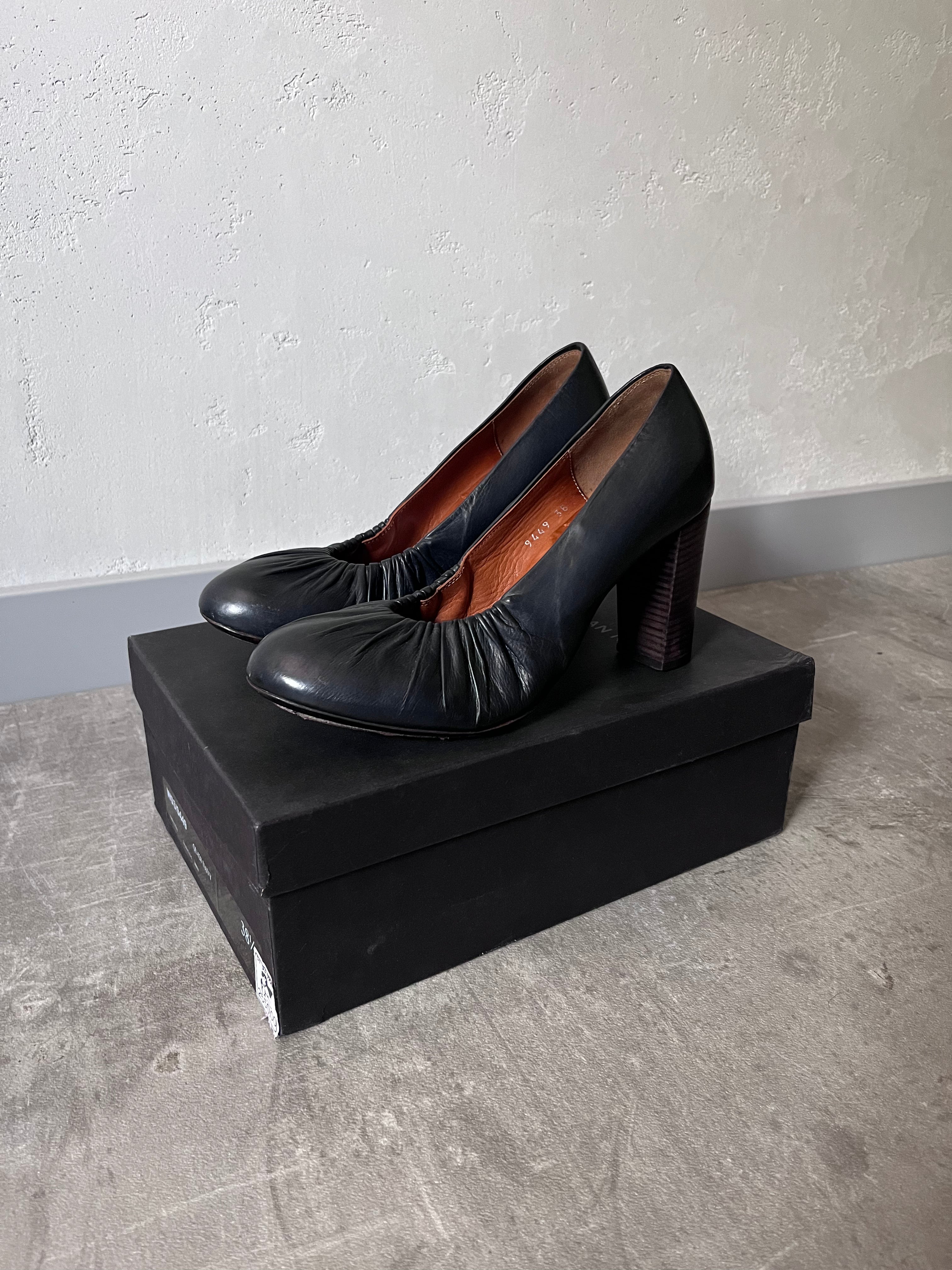 Dries Van Noten Leather Ruffle Embellishment Pumps Heels Dark Navy Women - 38,5