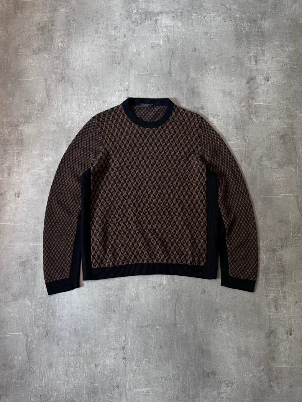 F/W 2019 Prada Geometric Jacquard Wool Cashmere Sweater Black Brown Men - L
