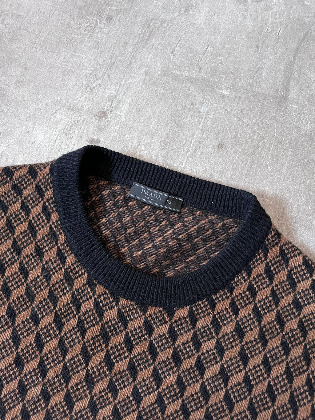 F/W 2019 Prada Geometric Jacquard Wool Cashmere Sweater Black Brown Men - L