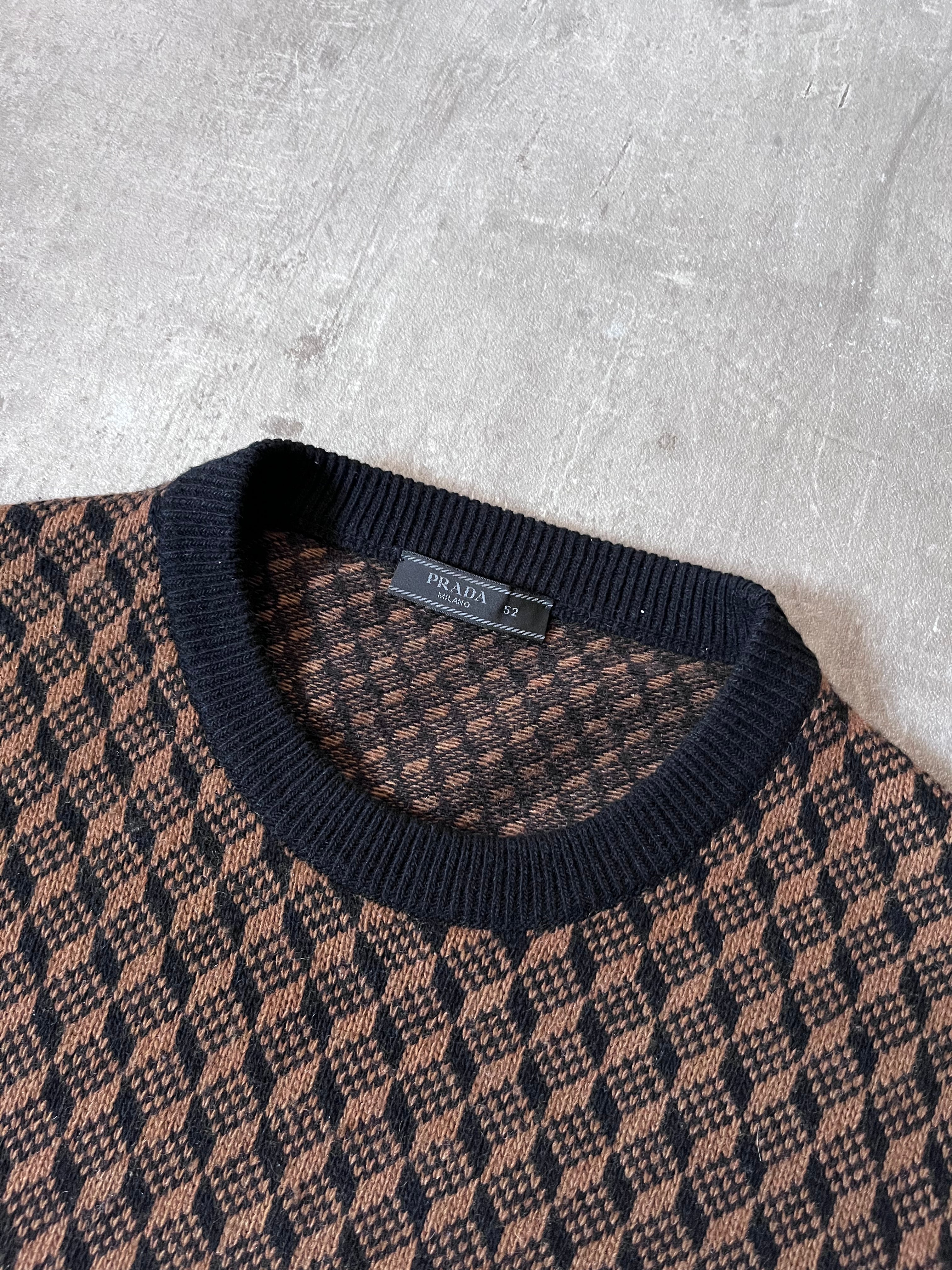 F/W 2019 Prada Geometric Jacquard Wool Cashmere Sweater Black Brown Men - L
