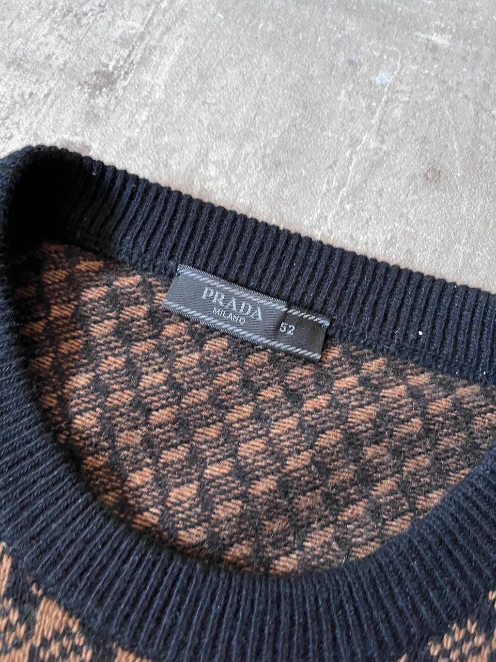 F/W 2019 Prada Geometric Jacquard Wool Cashmere Sweater Black Brown Men - L