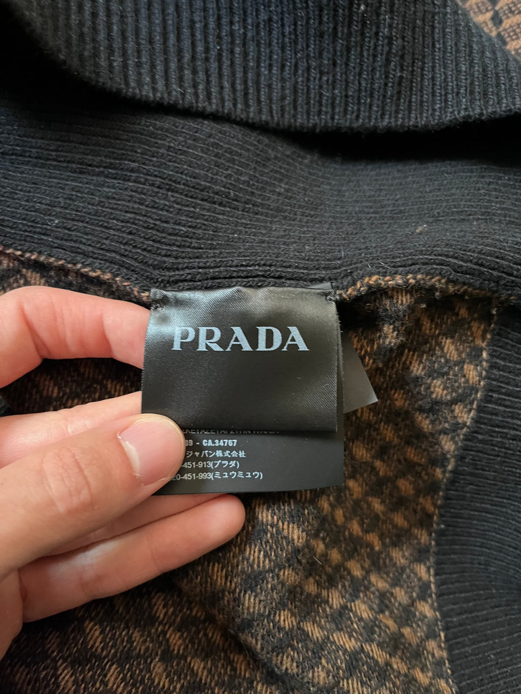 F/W 2019 Prada Geometric Jacquard Wool Cashmere Sweater Black Brown Men - L