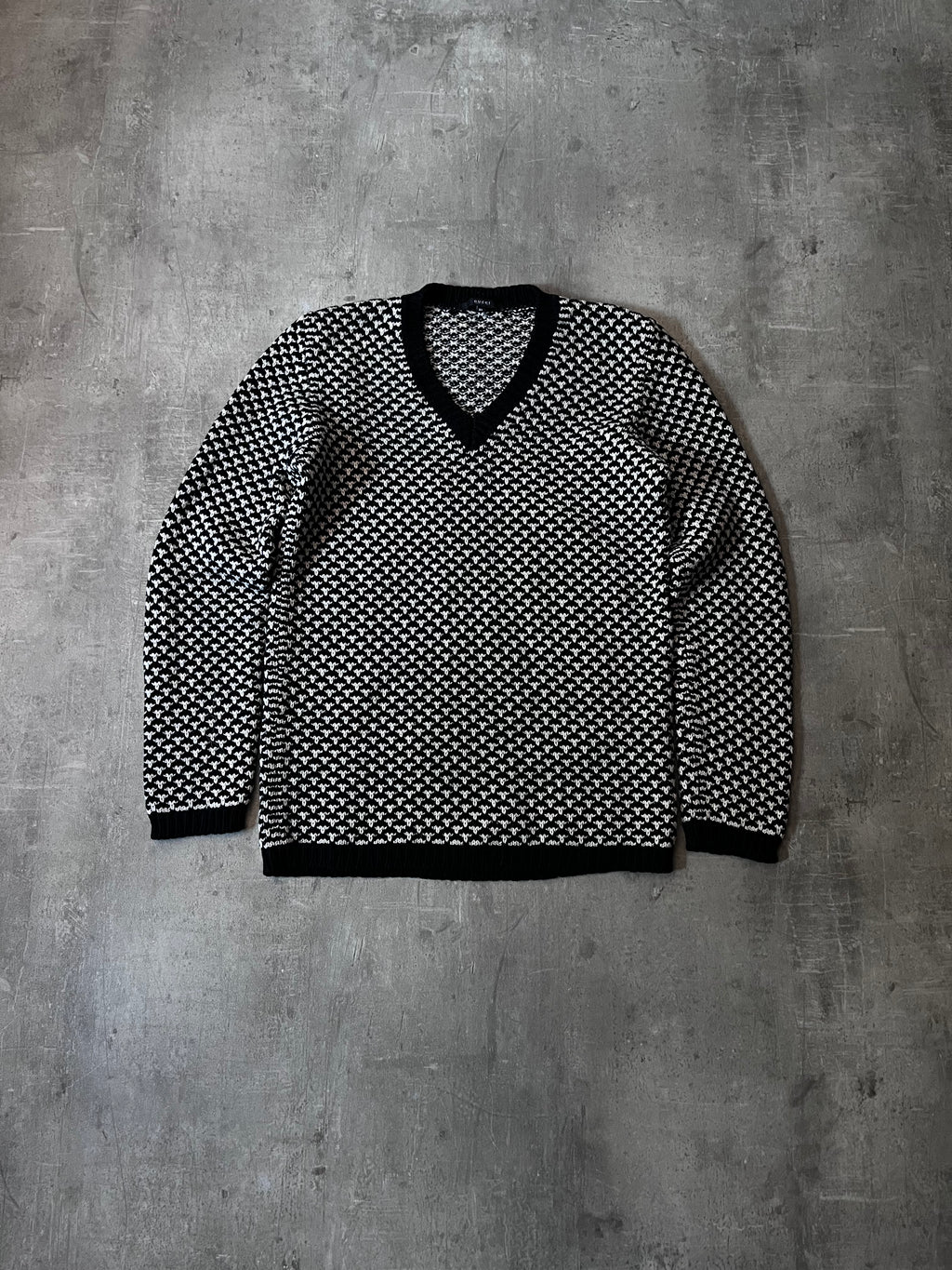 Gucci Patterned V-Neck Merino Wool Sweater Black White Men - XL