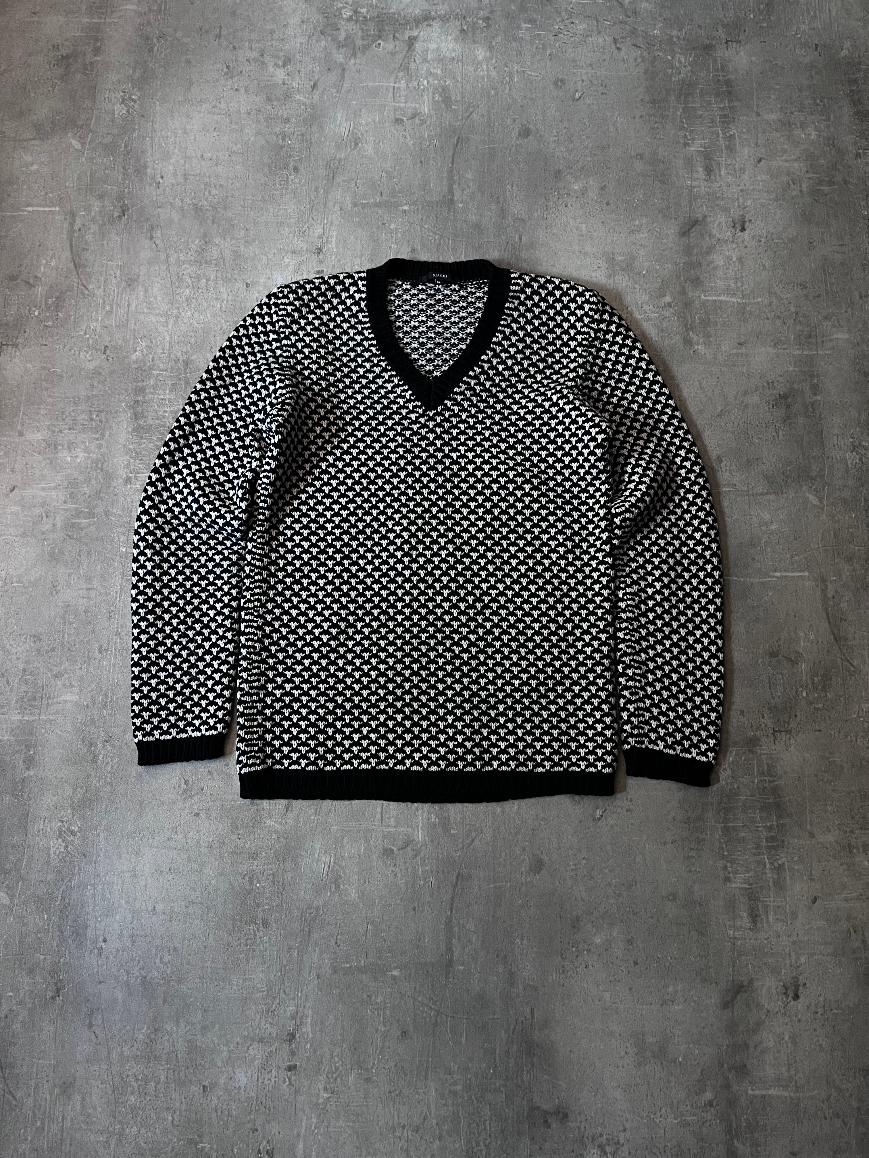 Gucci Patterned V-Neck Merino Wool Sweater Black White Men - XL