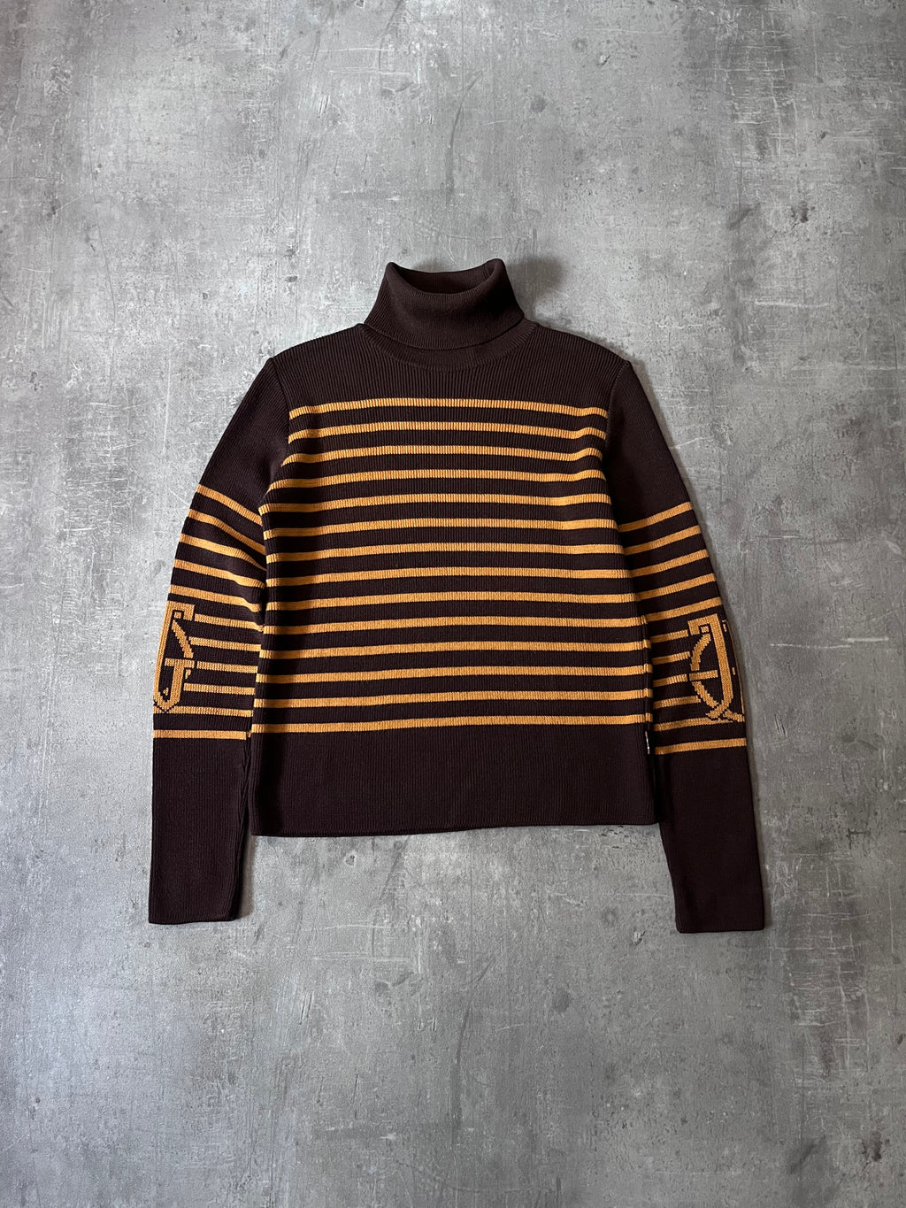 90s Jean Paul Gaultier Striped Ribbed Turtleneck Sweater Brown Yellow Women - M