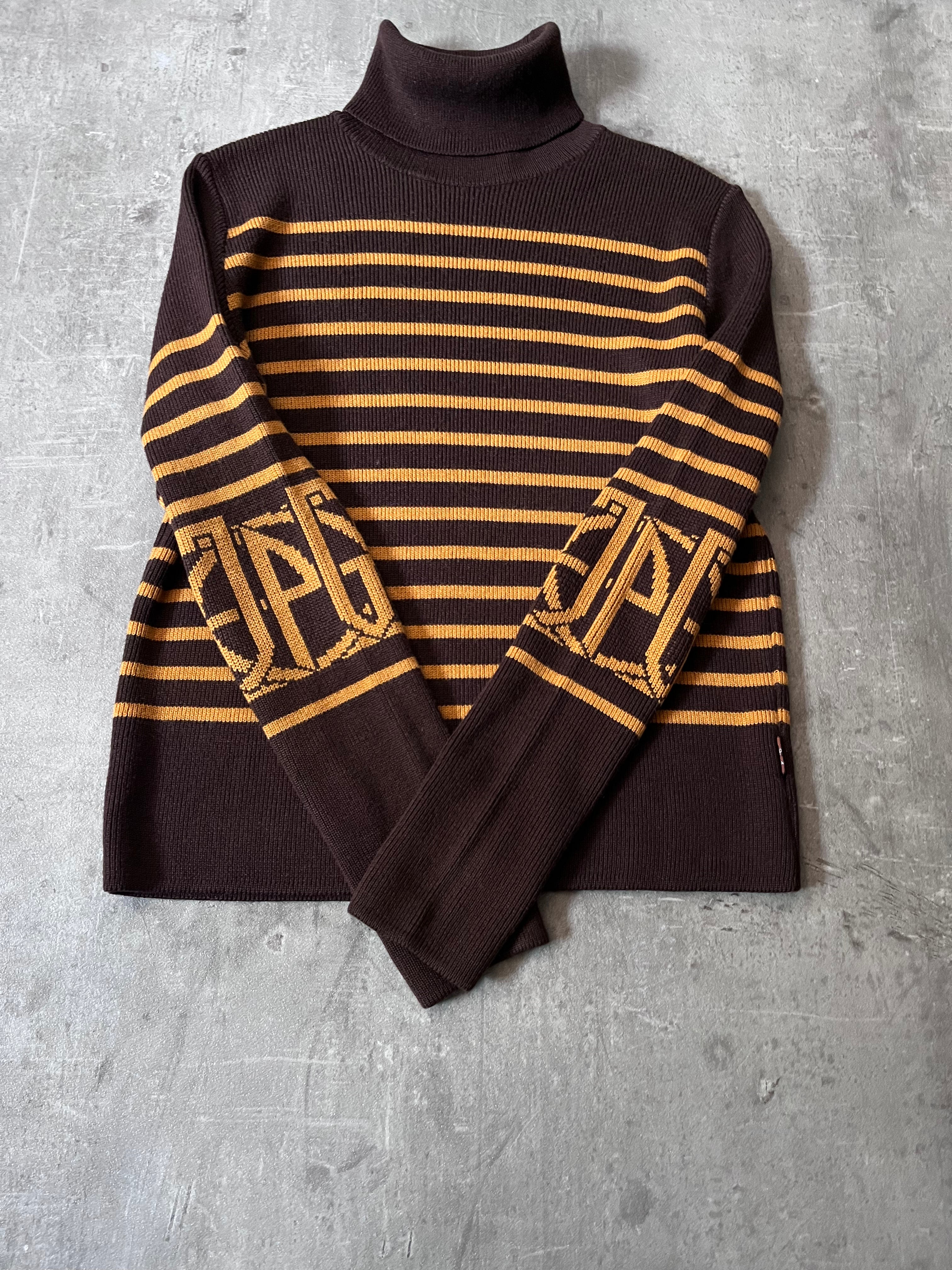 90s Jean Paul Gaultier Striped Ribbed Turtleneck Sweater Brown Yellow Women - M