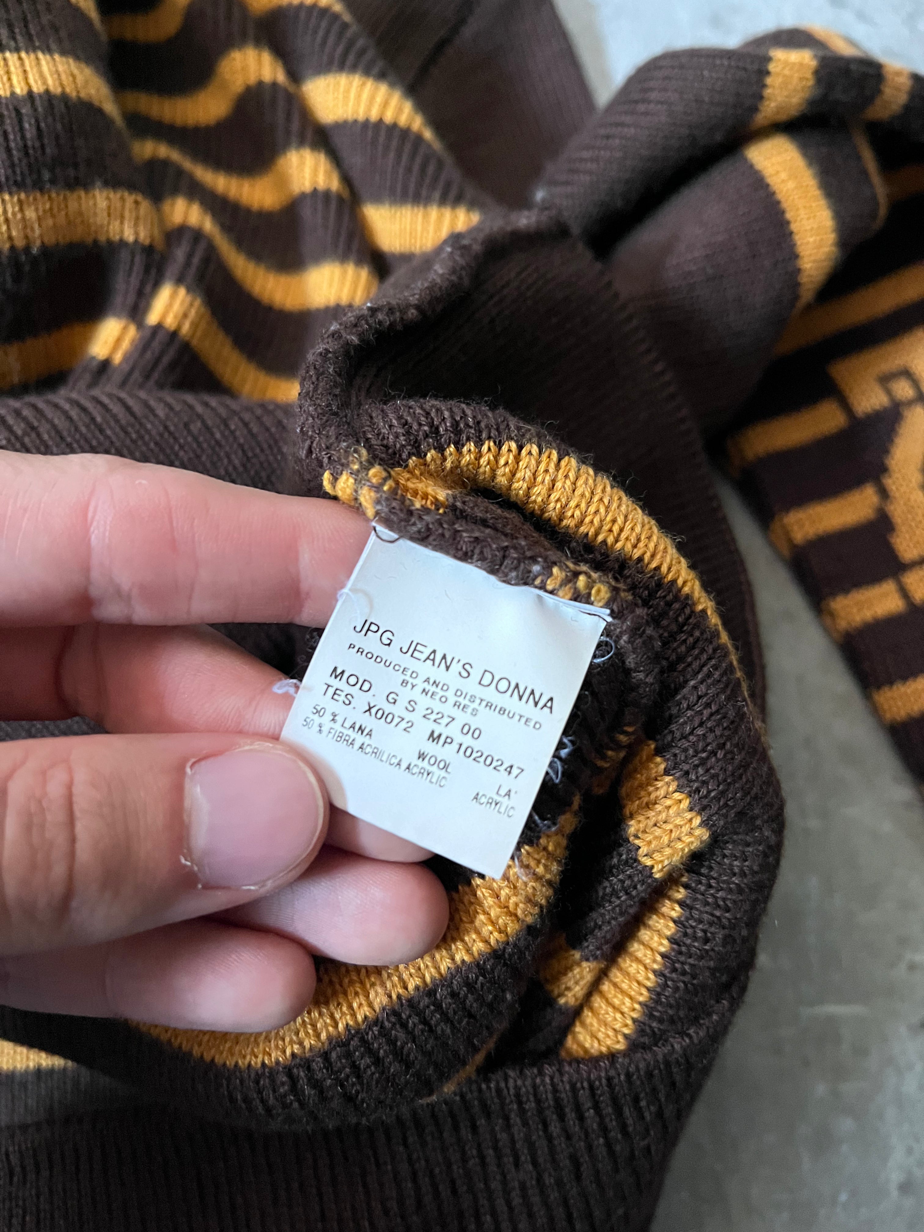 90s Jean Paul Gaultier Striped Ribbed Turtleneck Sweater Brown Yellow Women - M