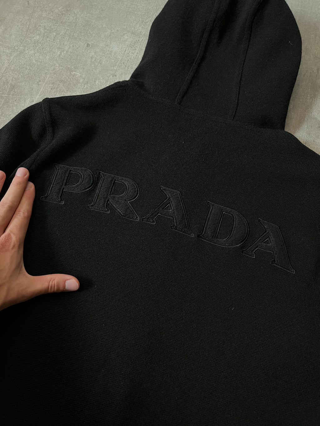 Prada Big Logo Heavyweight Wool Hooded Sweater Jacket Black Men - L