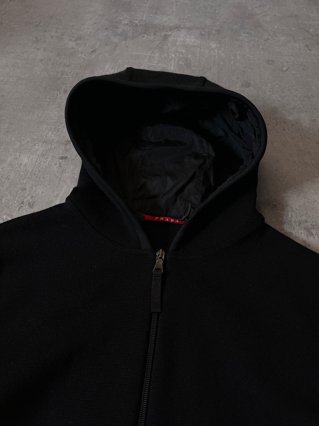 Prada Big Logo Heavyweight Wool Hooded Sweater Jacket Black Men - L